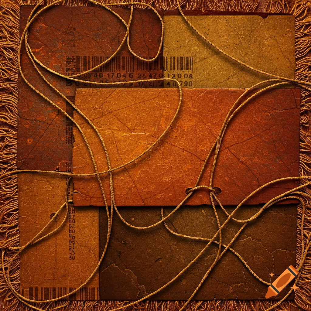 An abstract composition of overlapping paper-like rectangles in earthy tones (browns, oranges, gold), with frayed strings and chaotic, illegible barcode lines crisscrossing the surface.