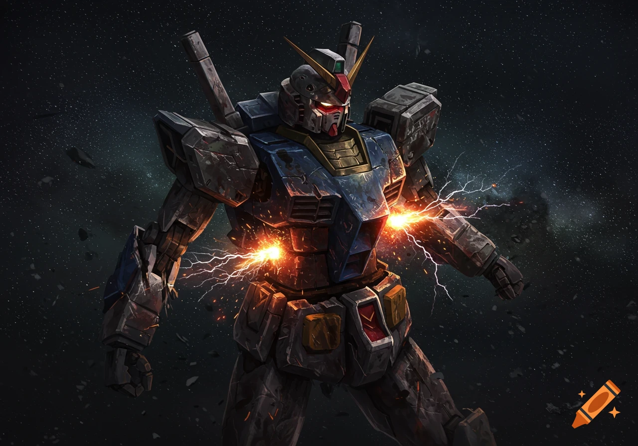 A battle-damaged Gundam robot with bright electrical sparks emanating from its chest floats in deep space.