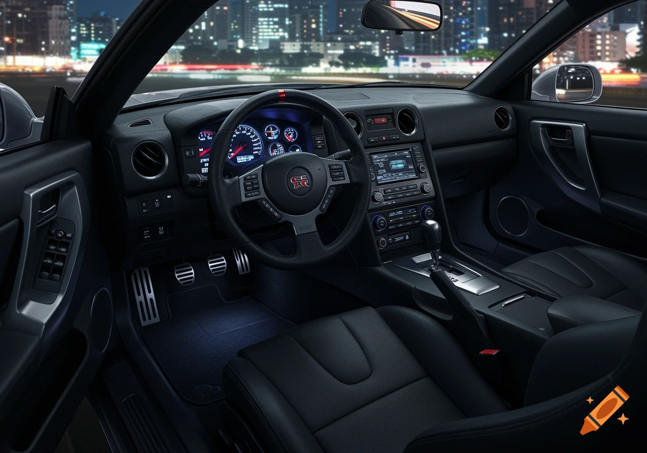 Photorealistic interior view of a Nissan Skyline GTR R34 at night, showing the steering wheel, dashboard, and car seats with city lights in the background.
