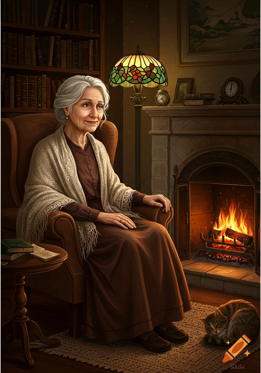 An elderly woman with kind eyes sits in an armchair by a warm fireplace with a sleeping cat nearby in a cozy room filled with books.