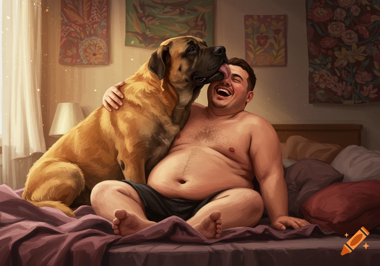 A man laughs in bed as his large Mastiff dog licks his face, an affectionate and warm moment.