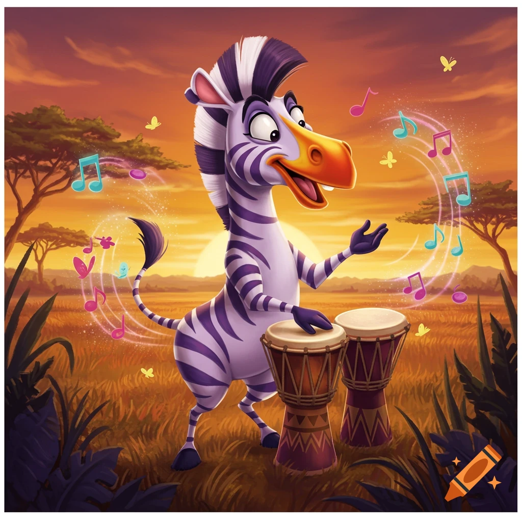 A cartoon purple and white zebra plays bongo drums in a savanna at sunset, with colorful musical notes floating around it.