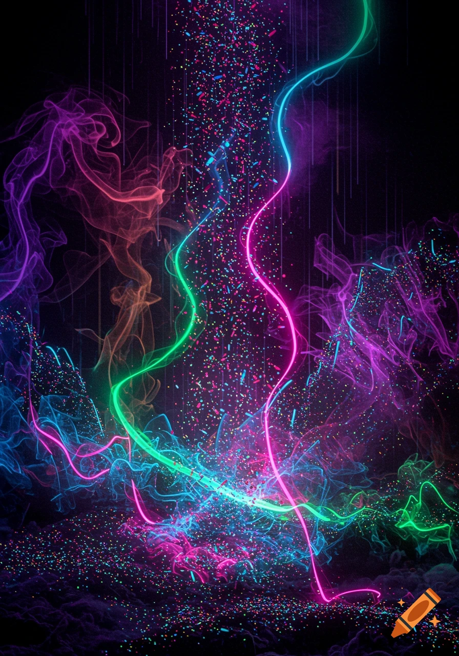 A vibrant abstract composition featuring glowing green, pink, and blue light trails winding through colorful particles and smoke on a dark background.