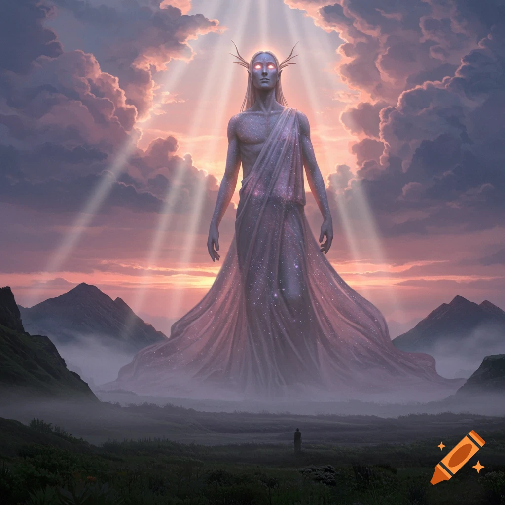 A towering, ethereal Nephilim-like figure with glowing eyes and a starry, flowing robe stands under sunbeams in a misty mountain landscape.