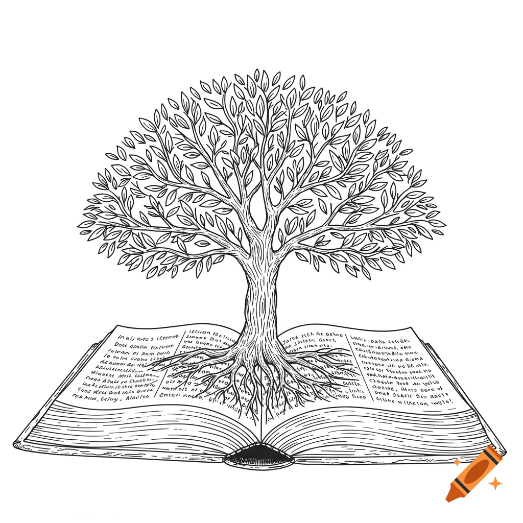 Black and white line art illustration of a tree growing out of an open book.