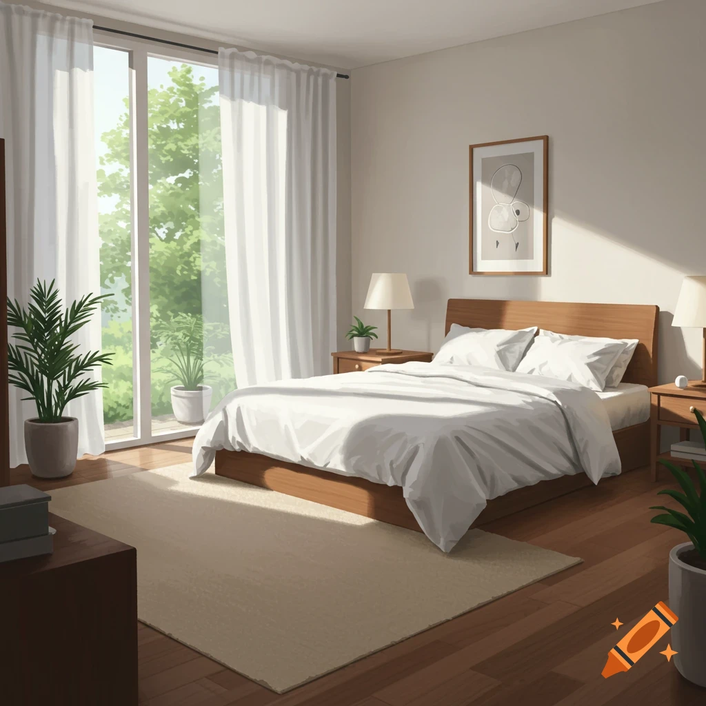 A bright, clean bedroom with a white-sheeted bed, two nightstands, potted plants, and a large window overlooking green trees.