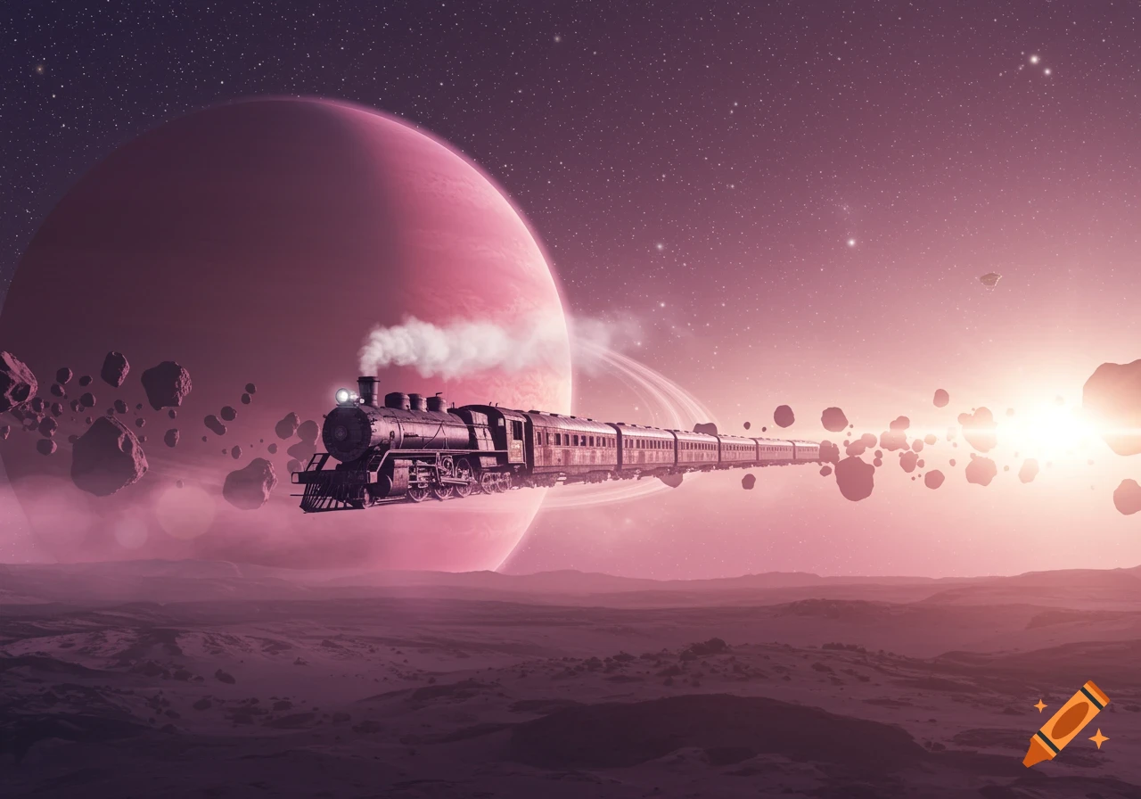 A vintage-style train steams through a cosmic landscape, floating past a large pink planet with rings and a field of asteroids against a starry, purple-pink sky.