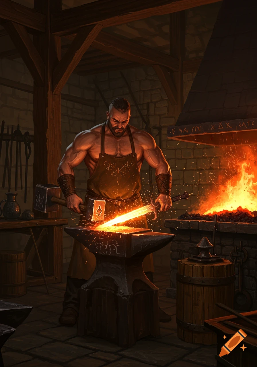 A muscular blacksmith forging a glowing sword on an anvil in a medieval workshop, surrounded by sparks and the heat of a fiery forge.