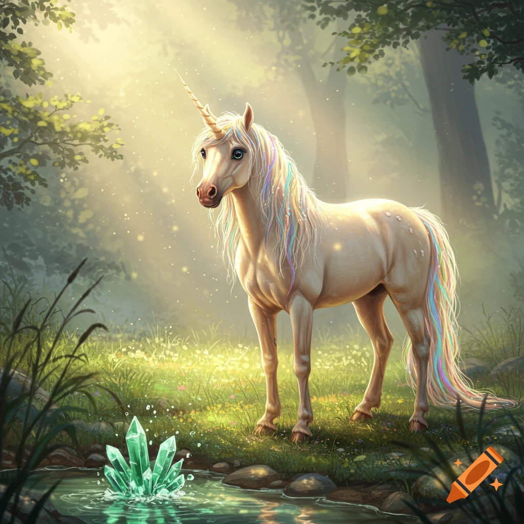 A magical unicorn with a rainbow mane and tail stands by a glowing green crystal pool in a sunlit forest.