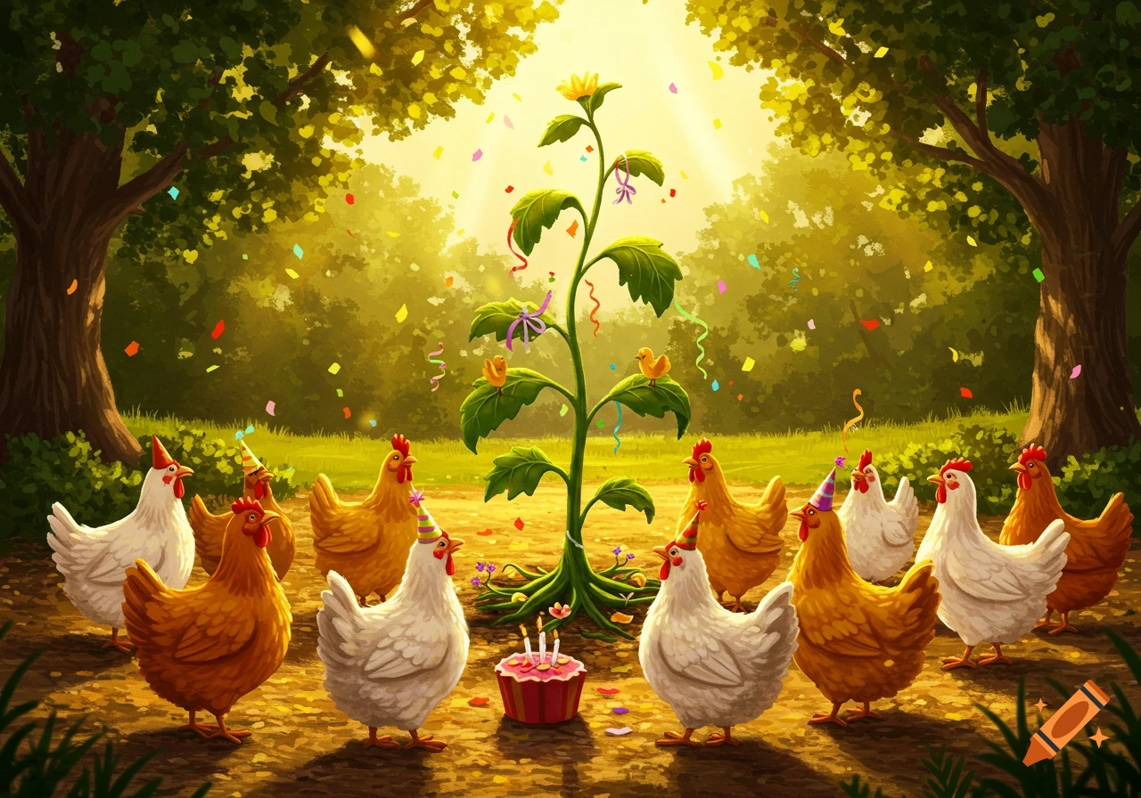 A group of chickens in party hats celebrate around a cake and a tall plant in a sunny forest with confetti falling.