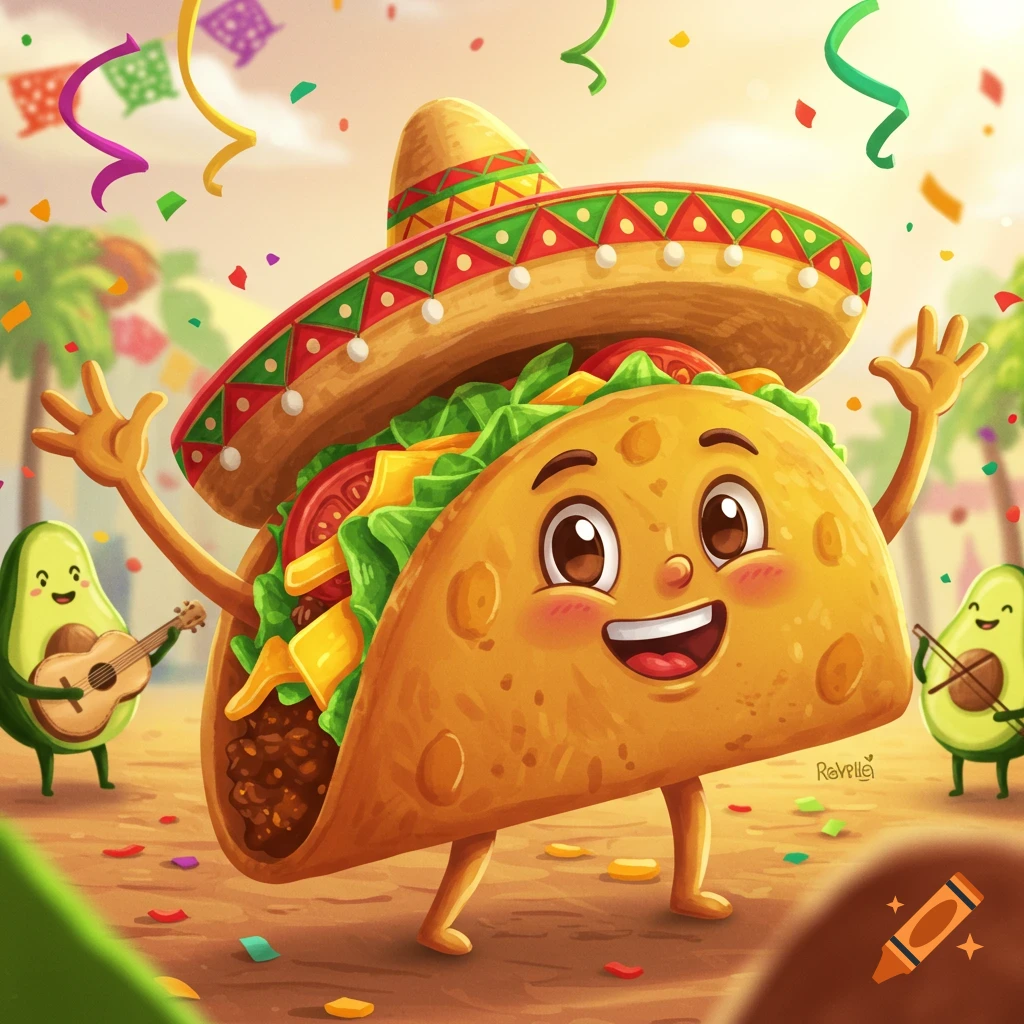 A cheerful cartoon taco with a sombrero waves in a festive scene with confetti and two avocado characters playing instruments.