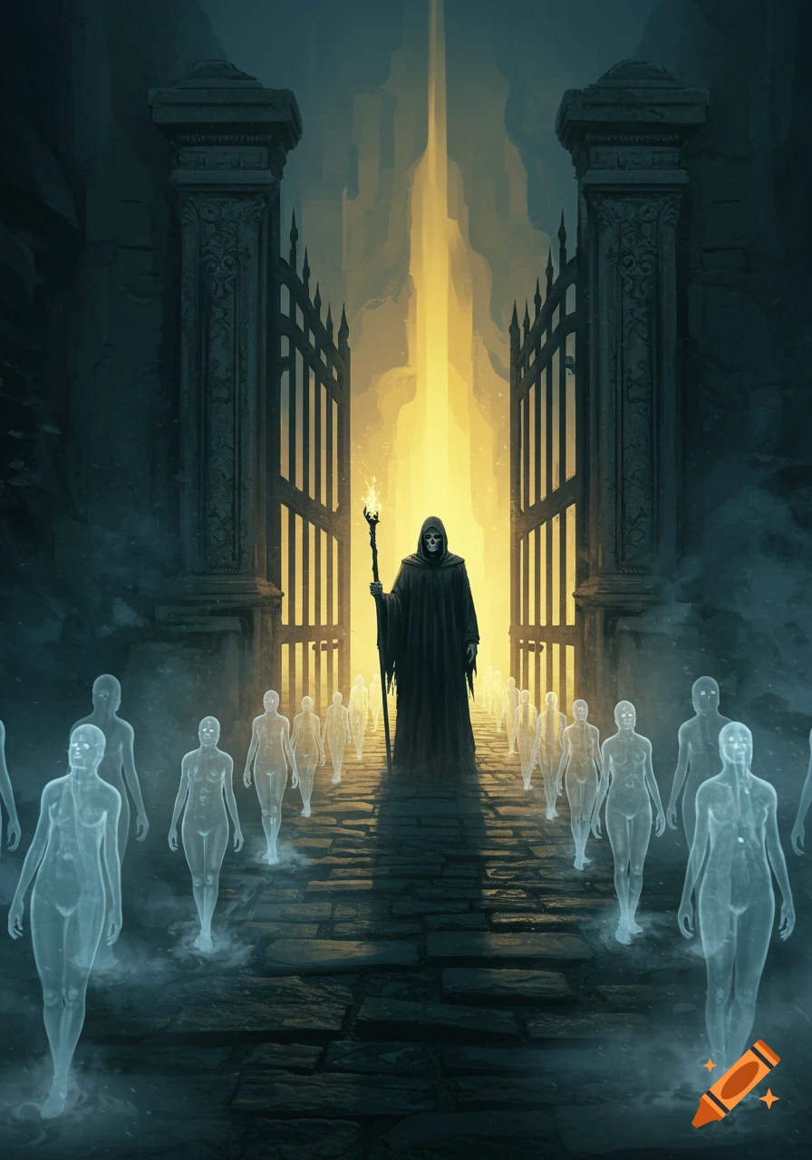 A Grim Reaper figure stands before open gates as ethereal souls walk towards a bright light in a dark, mystical setting.