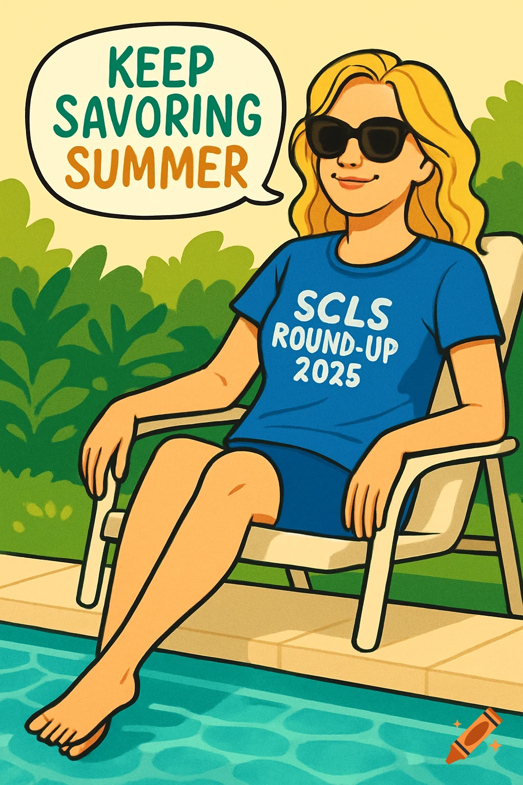 Blonde woman in sunglasses and a blue t-shirt sitting by a pool with a speech bubble saying 'Keep Savoring Summer' in a clipart style.