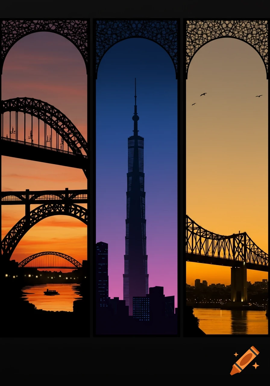 Silhouette panels featuring the Tyne Bridge, Shanghai Tower, and Story Bridge against colorful sunset and twilight skies.