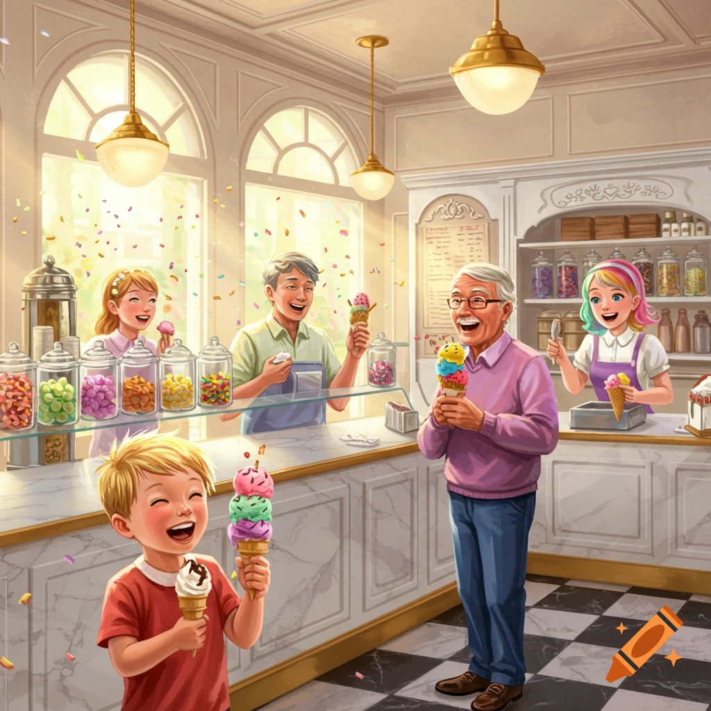 A happy family enjoys ice cream cones in a bright, classic ice cream shop with sprinkles in the air, in an illustrated style.