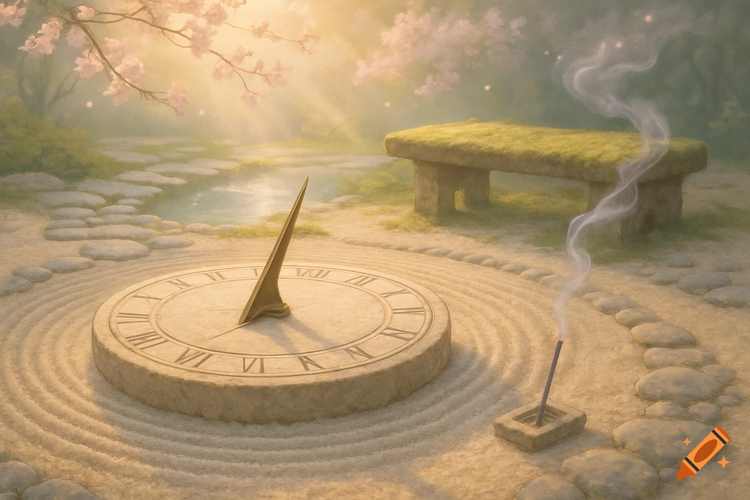 A serene Zen garden at sunrise with a stone sundial, an incense stick releasing smoke, raked sand, and cherry blossoms.