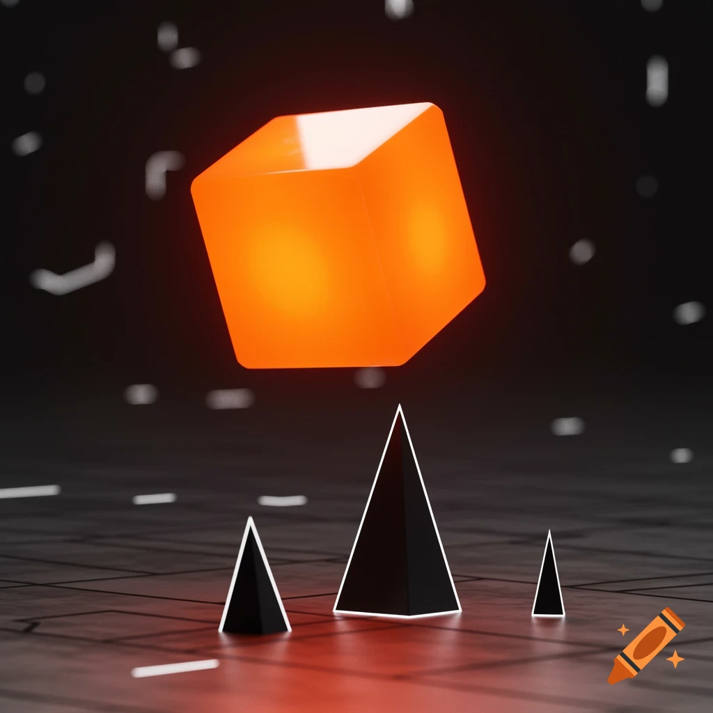 A glowing orange cube floats above three black pyramids with white outlines in a dark, gridded abstract environment.