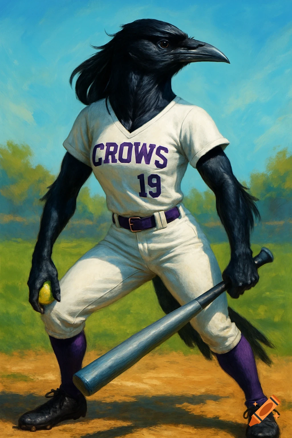 A painterly depiction of an anthropomorphic crow in a baseball uniform holding a bat and ball on a field.