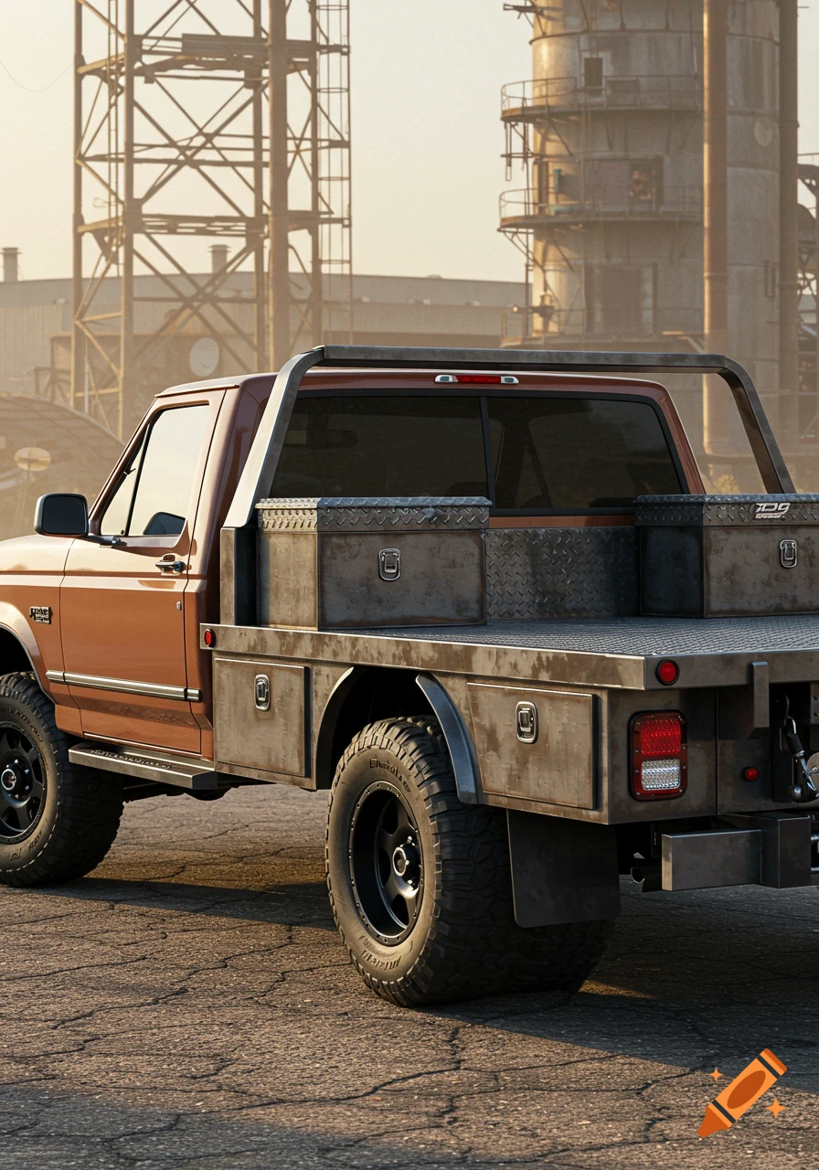 Photorealistic image of a vintage brown 1997 Ford F-250 pickup truck with a custom welded flatbed and toolboxes in an industrial setting.