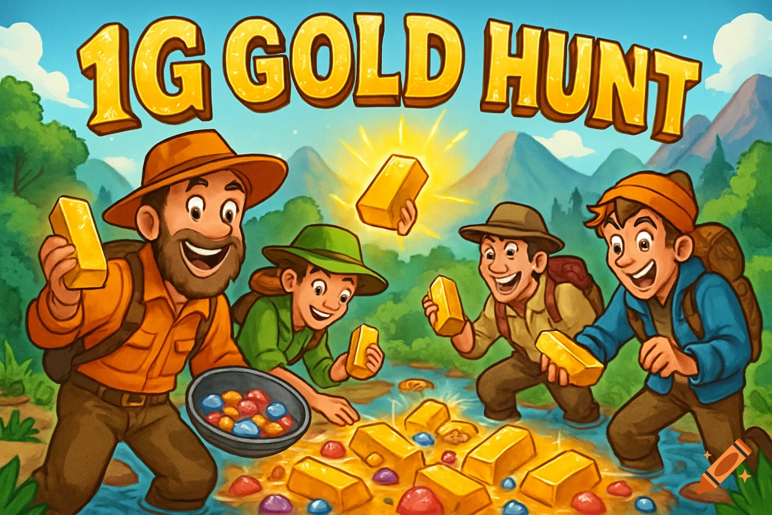 Cartoon image of four people gold hunting in a river, with gold bars and colorful gems. The title '1G GOLD HUNT' is at the top.