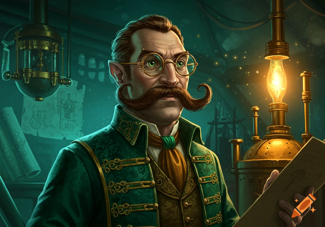 A man with a large mustache, pointed ears, and green glasses in a steampunk outfit holds a document in a dim, mechanical workshop.