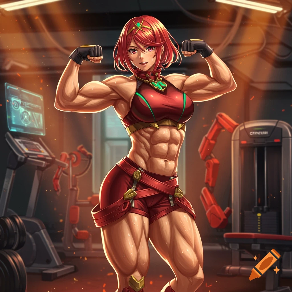 Anime-style character Pyra flexing muscles in a gym with defined abs and biceps.