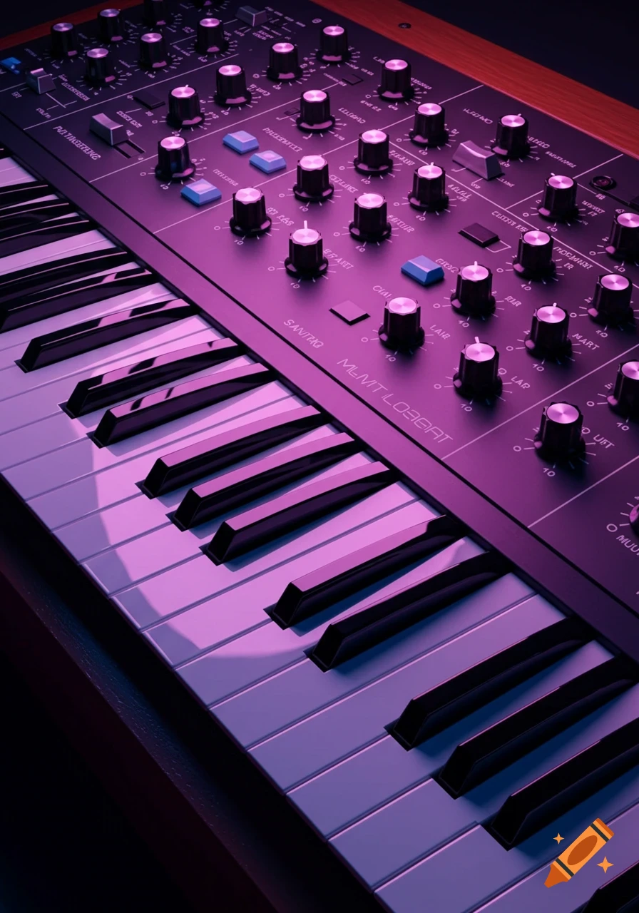 A close-up view of a synthesizer keyboard and control panel bathed in pink and purple lighting.
