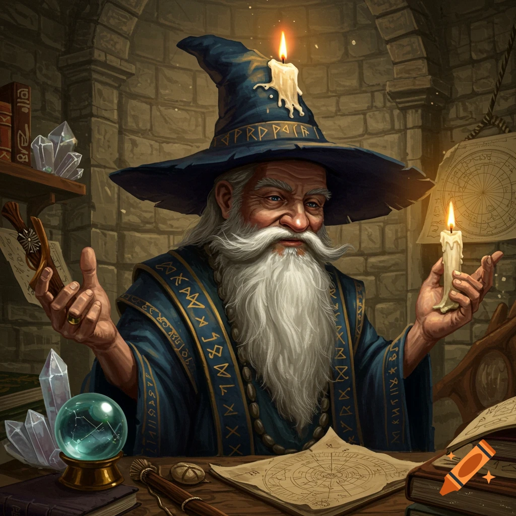 A wise old wizard with a long white beard and a blue hat with a burning candle on it, surrounded by mystical items in a stone chamber.