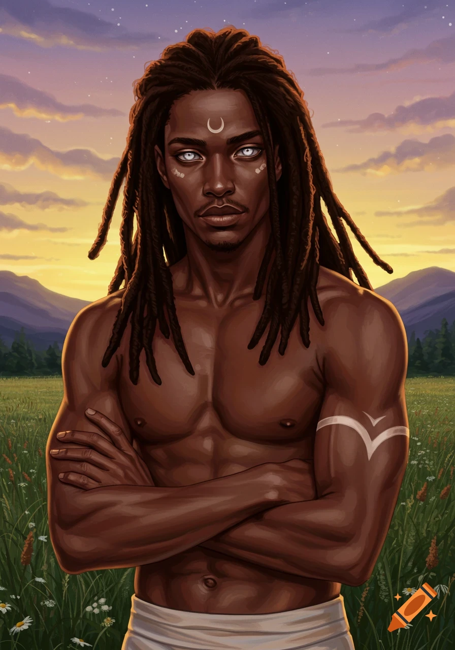 A striking dark-skinned man with long dreadlocks and glowing white eyes, marked with a crescent moon symbol, stands in a grassy field at sunset.