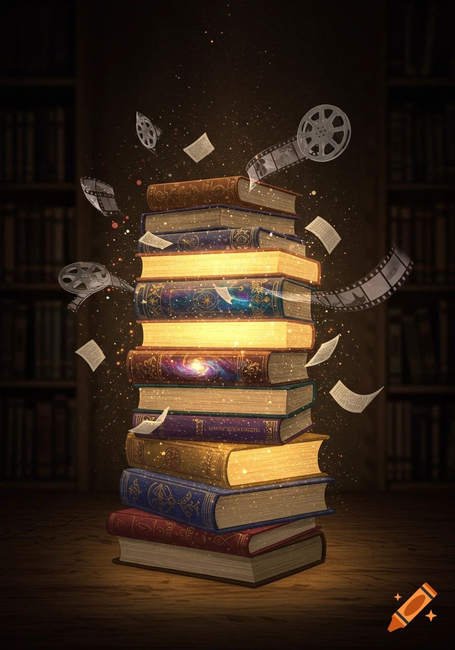 A stack of glowing, ornate books on a table with film reels, papers, and golden sparkles floating in a dimly lit library.