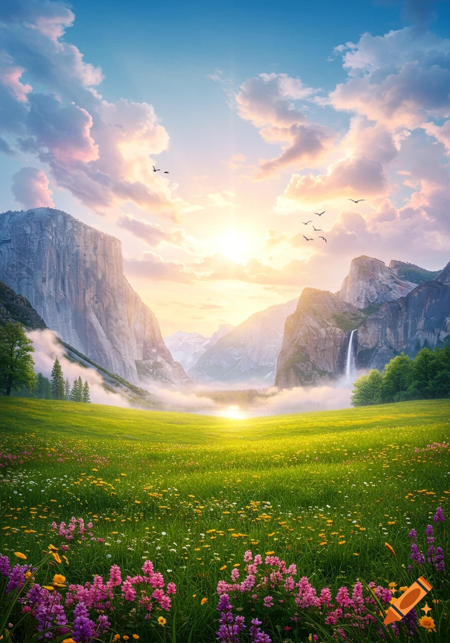 A vibrant valley landscape with a green meadow of wildflowers, towering mountains, a waterfall, and a bright sunrise in the sky.