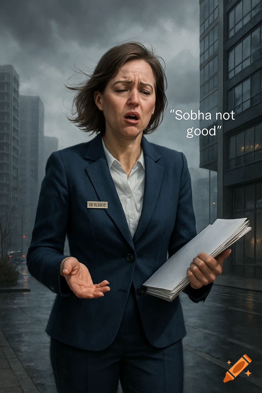 A frustrated real estate agent stands on a city street, holding papers and appearing distraught under a cloudy sky. Text bubble says "Sobha not good."