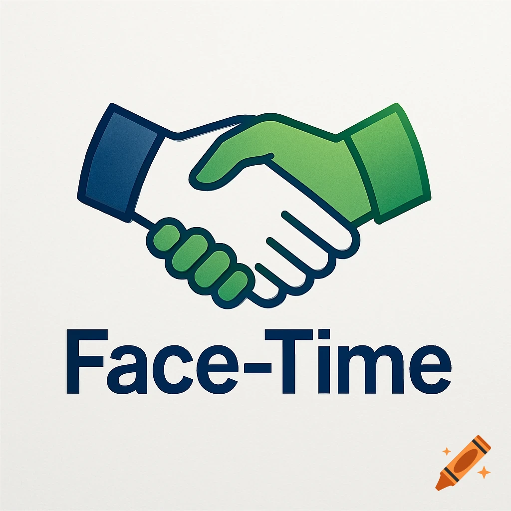 A business logo featuring two stylized hands shaking, one blue and one green, above the text "Face-Time" on a white background.