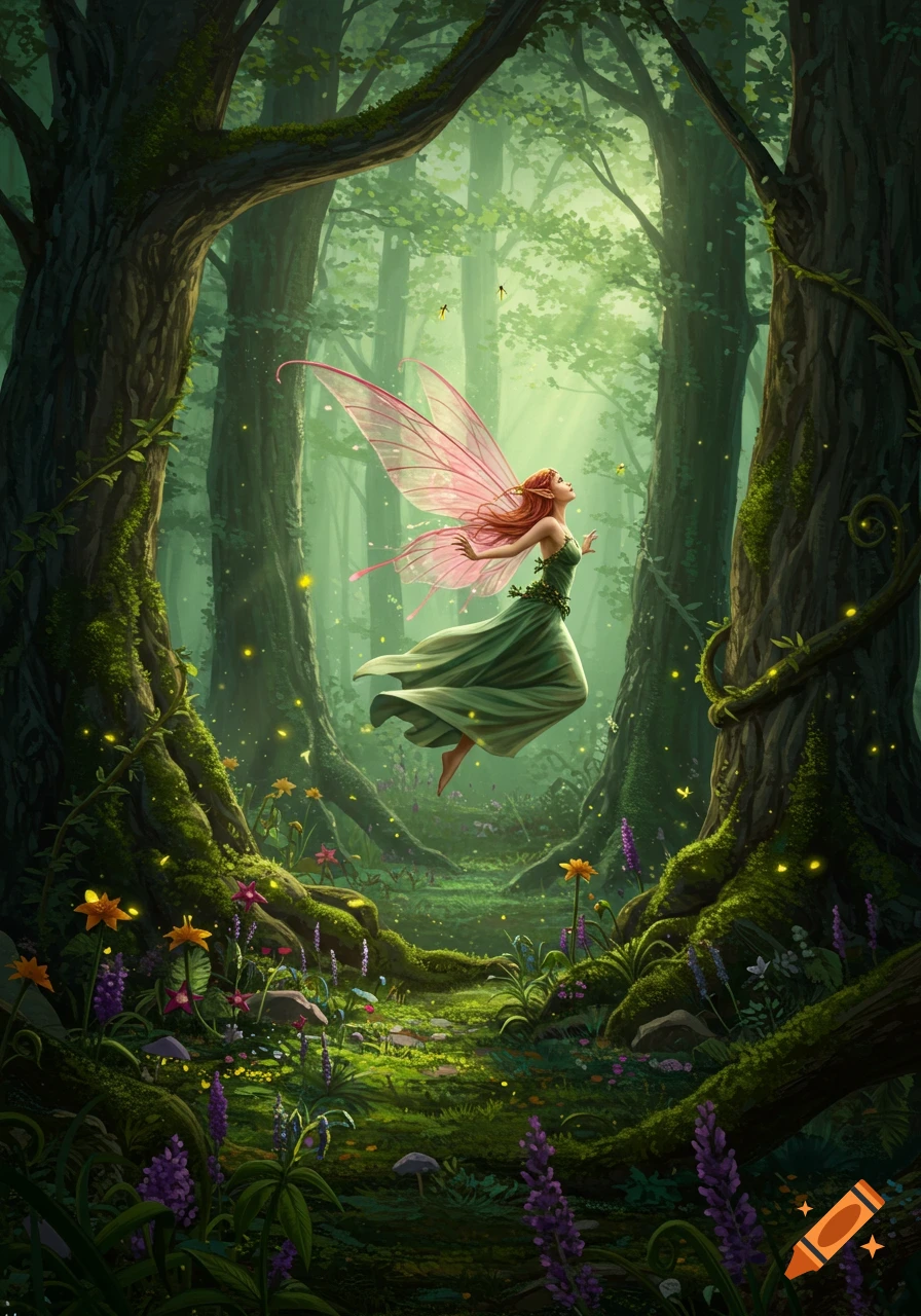 An ethereal fairy with pink wings floats gracefully in a mystical, lush green forest with sunlight filtering through trees and glowing fireflies.