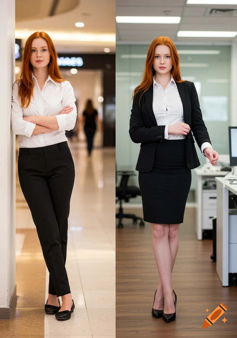 A split image showing a redhead woman in business attire. The left shows her in pants leaning on a wall in a mall, the right shows her in a skirt in an office.