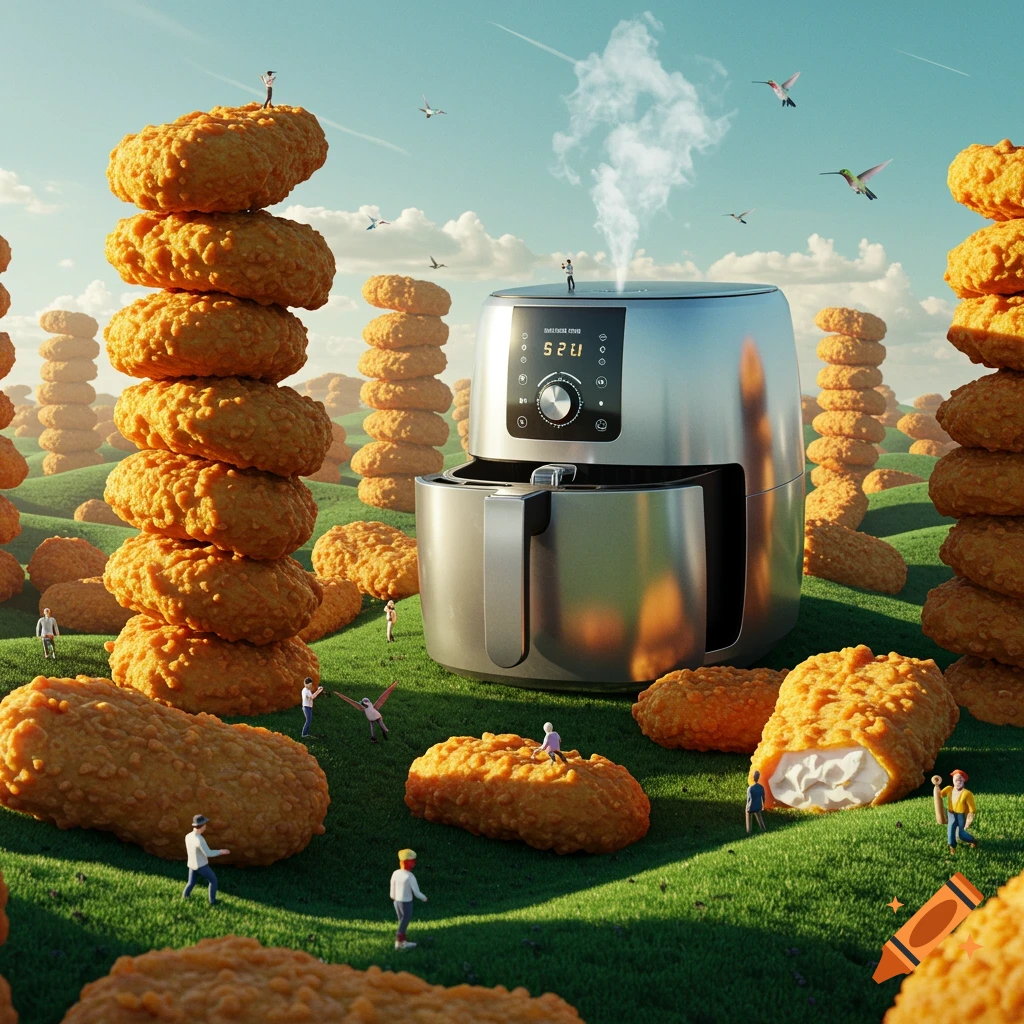 A surreal landscape features gigantic chicken nuggets and a large air fryer, surrounded by tiny people interacting with them on green hills. A single nugget is cut open, revealing white filling.