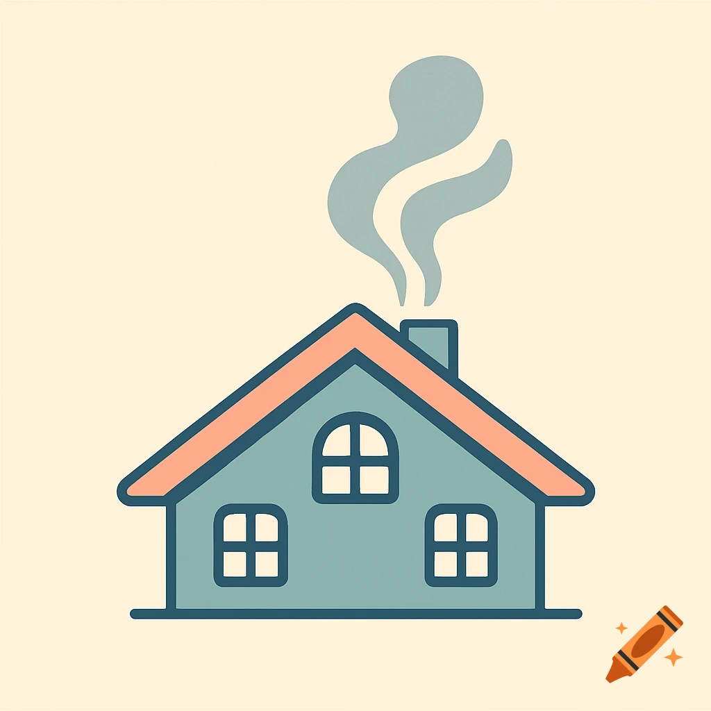 A simple, cartoon-style logo of a blue house with an orange roof, chimney, and smoke rising. The house has three windows.