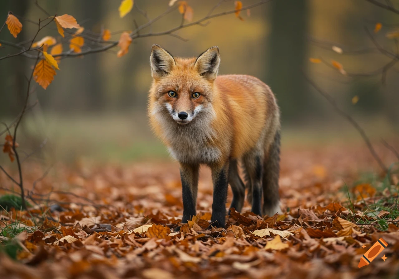 A photorealistic image of a red fox standing among fallen autumn leaves in a forest, looking at the camera.