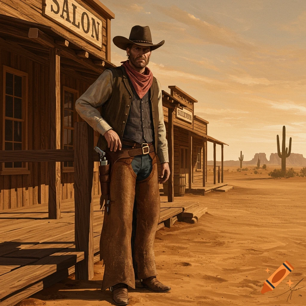 A determined cowboy stands on the wooden porch of an old Western saloon in a dusty desert town.