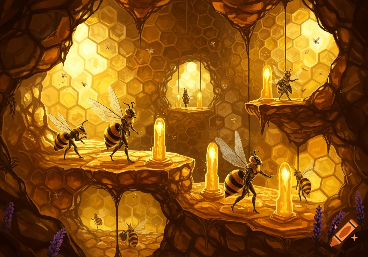 A vibrant fantasy illustration of an intricate beehive interior, with humanoid bee-like creatures navigating golden honeycomb structures and glowing pillars.
