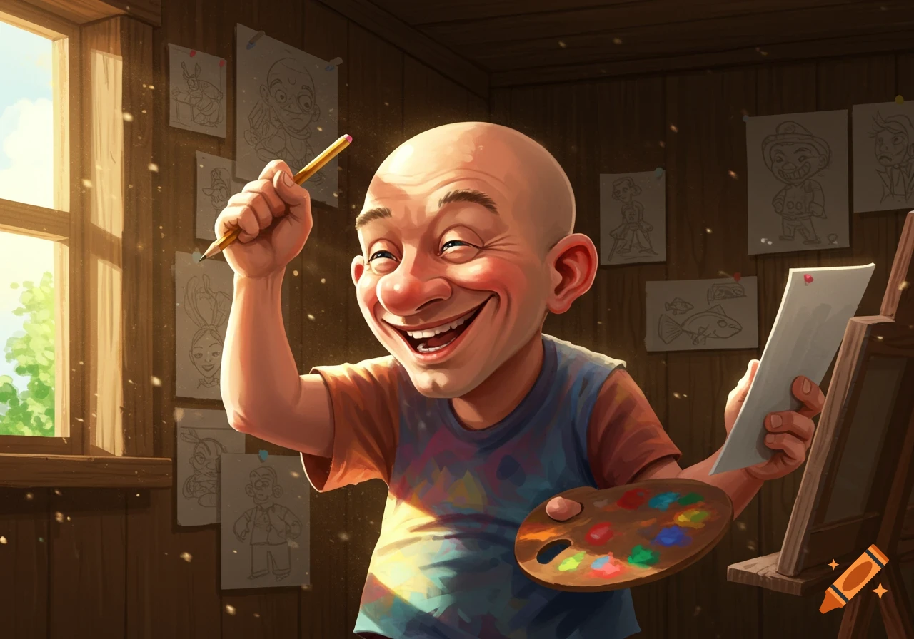 A happy, bald, cartoon man in an art studio, holding a pencil and a paint palette, surrounded by cartoon sketches on the wall.