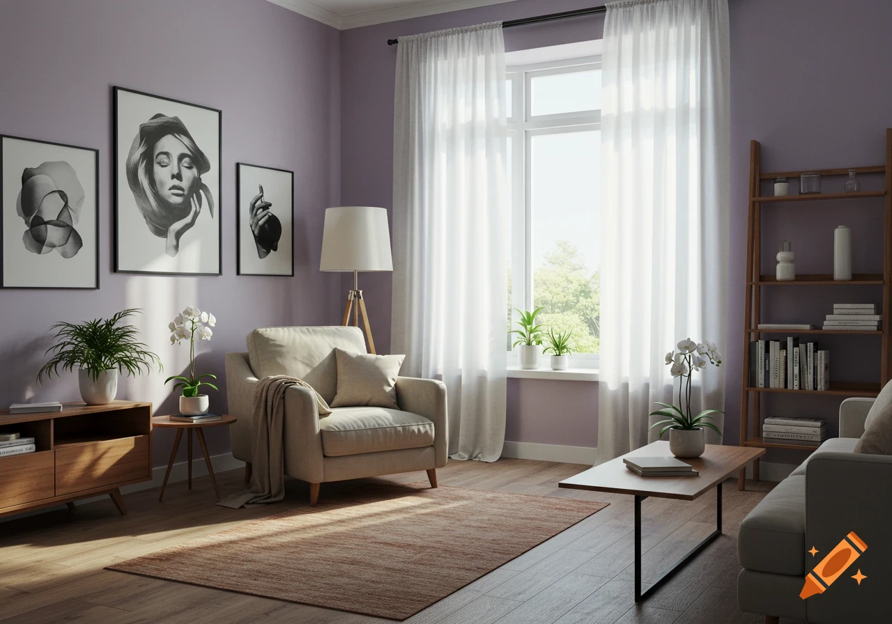 A modern living room with light purple walls, white sheer curtains, a beige armchair, and wooden furniture.