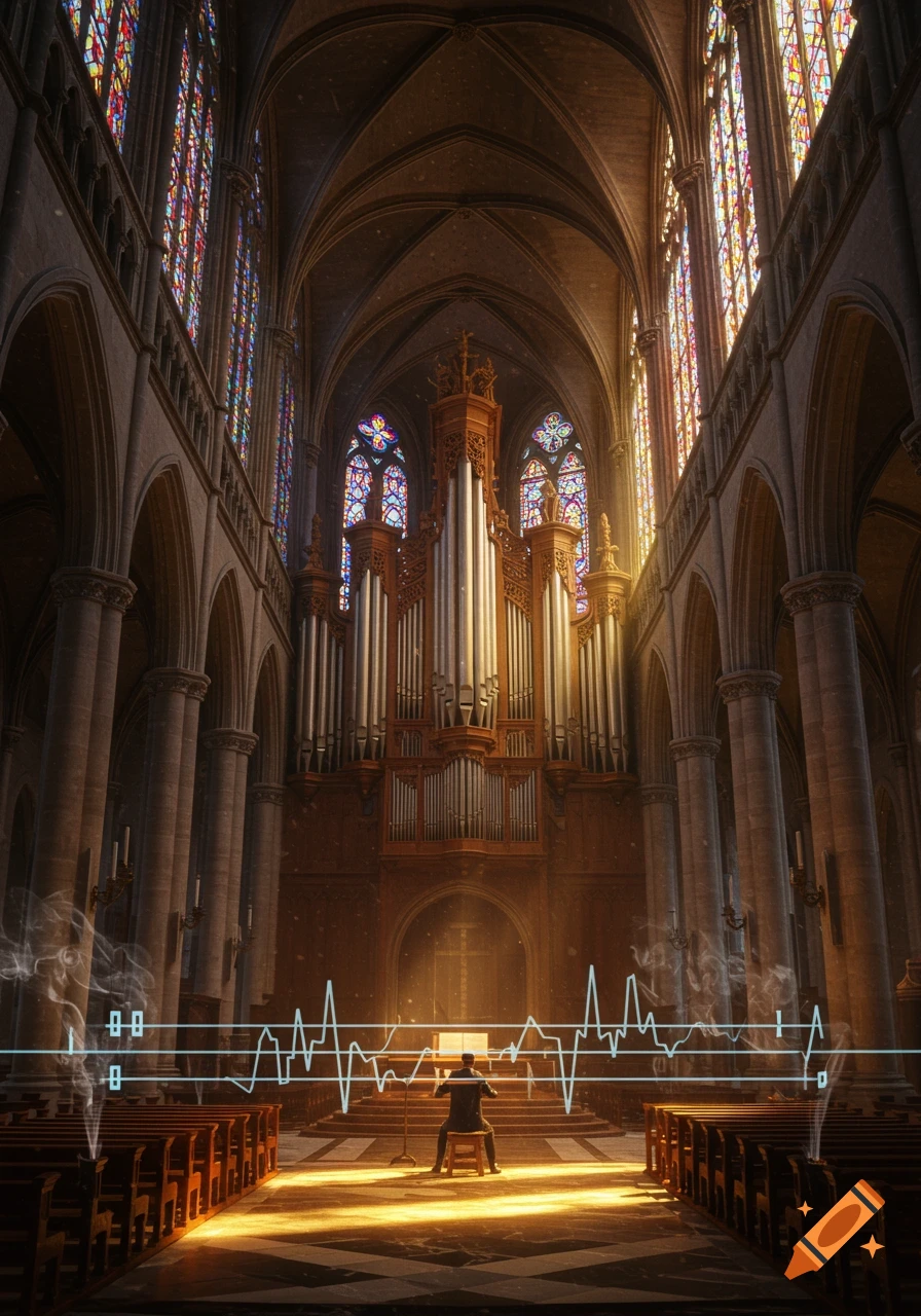 A grand church interior with a person playing a large pipe organ, bathed in golden light, with a digital sound wave overlay.