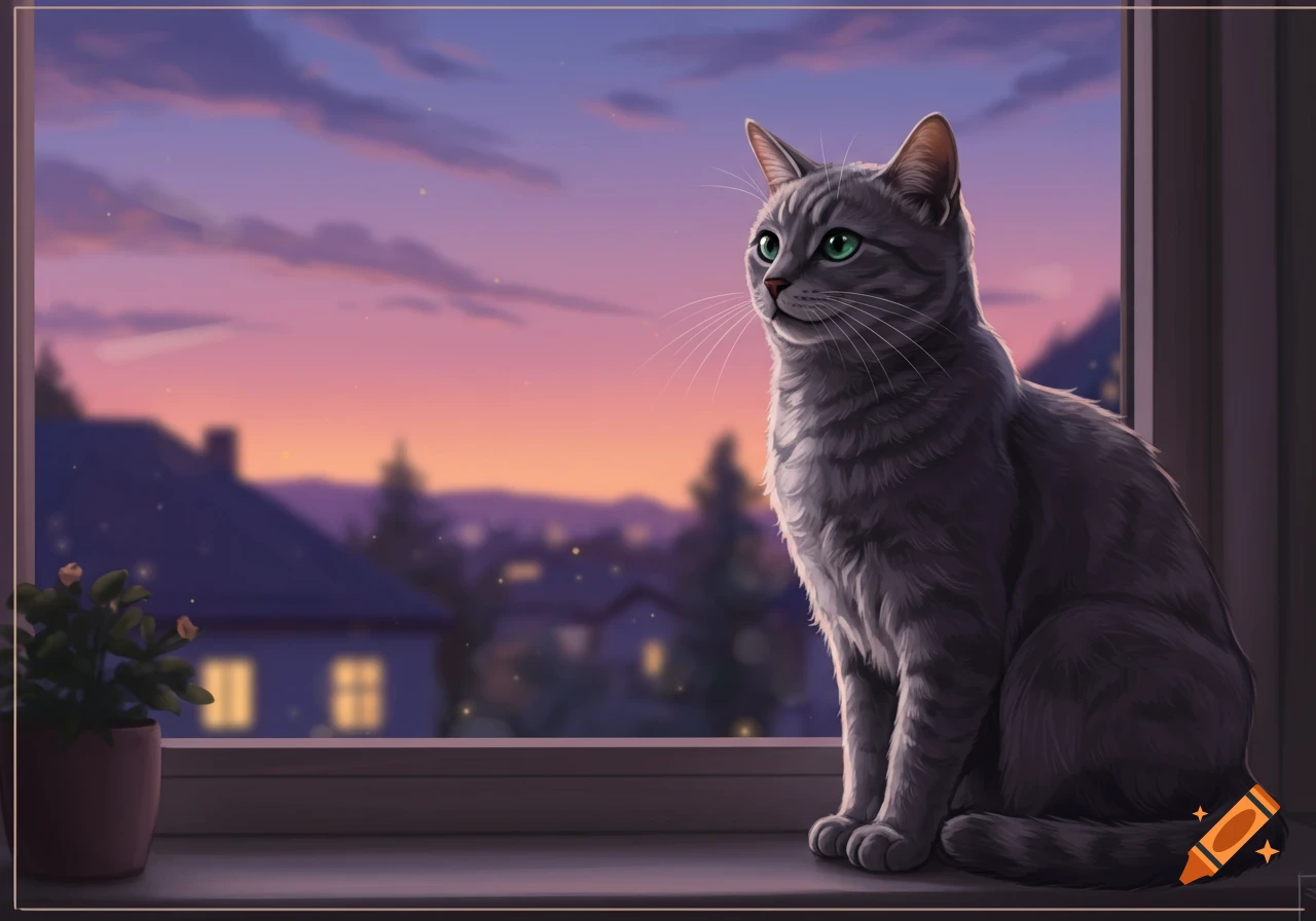 A gray tabby cat with green eyes sits on a windowsill, looking out at a city at sunset with a pink and purple sky.
