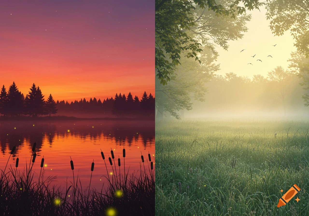A split image features an evening lake with orange sunset and fireflies on the left, and a misty morning field with sunlit grass on the right.
