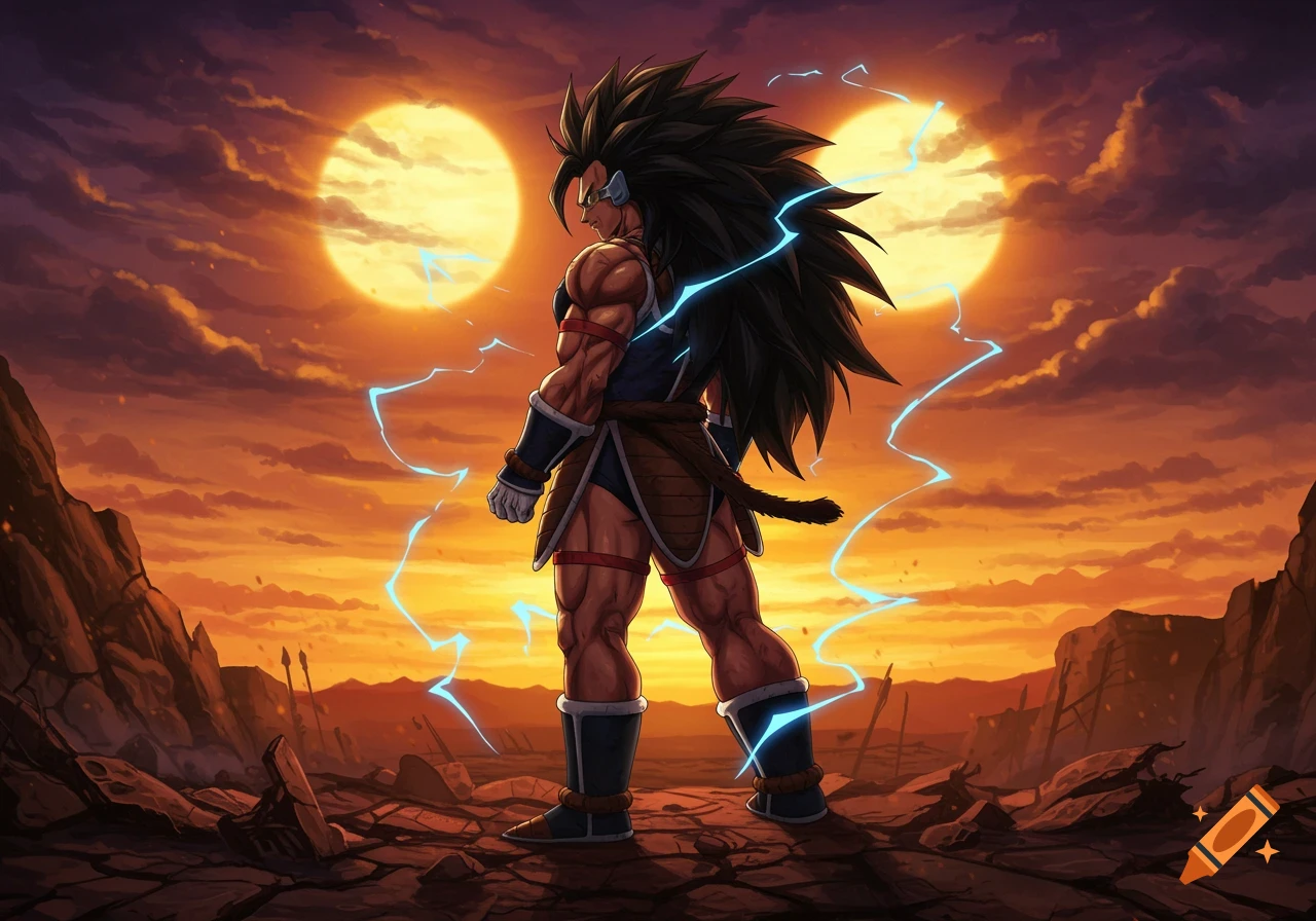 Raditz, a Dragon Ball character, stands in a desolate, fiery landscape with two suns and crackling energy.