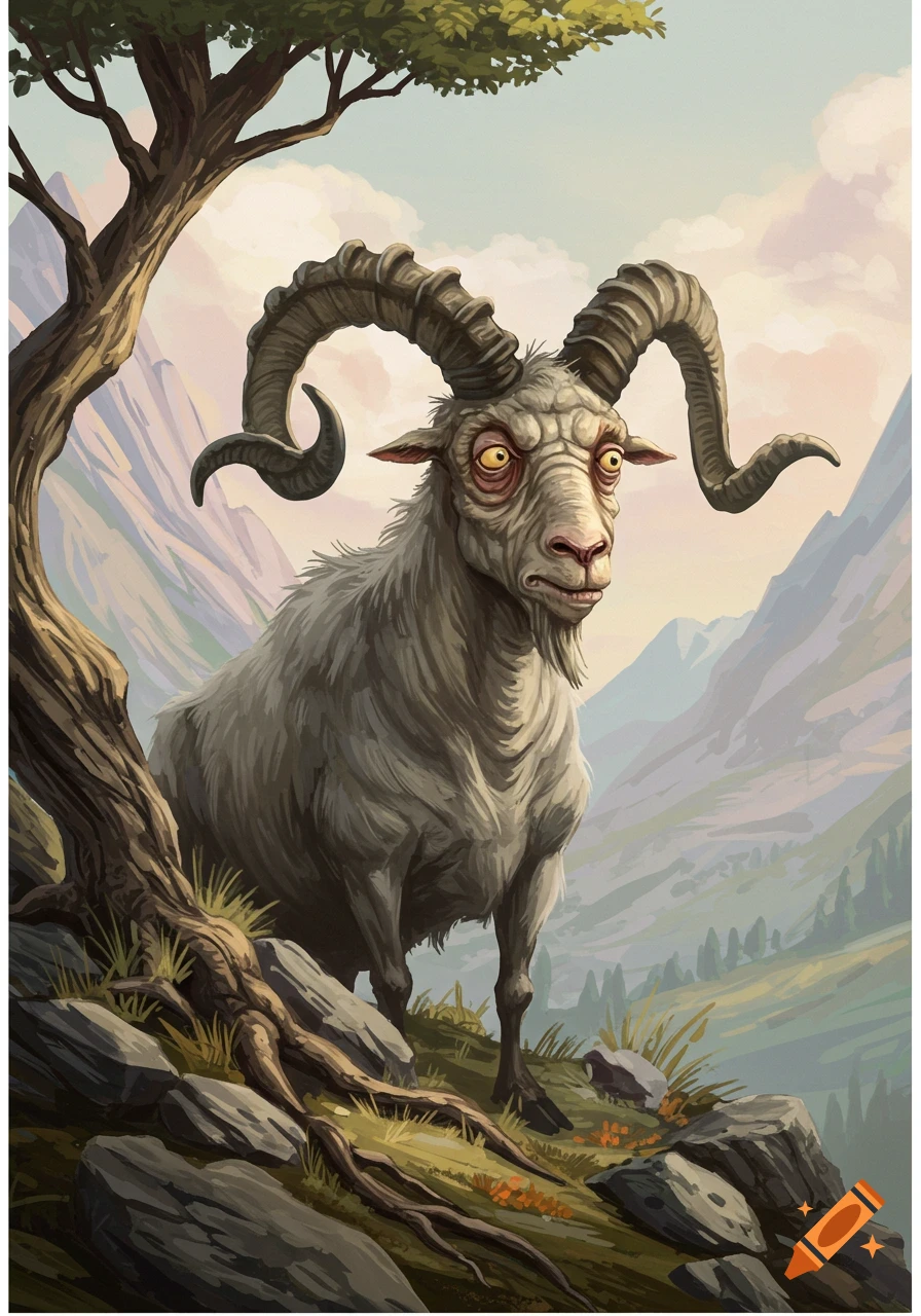 A stylized illustration of an ugly goat with large horns and bulging eyes, standing on a rocky mountain path under a tree.