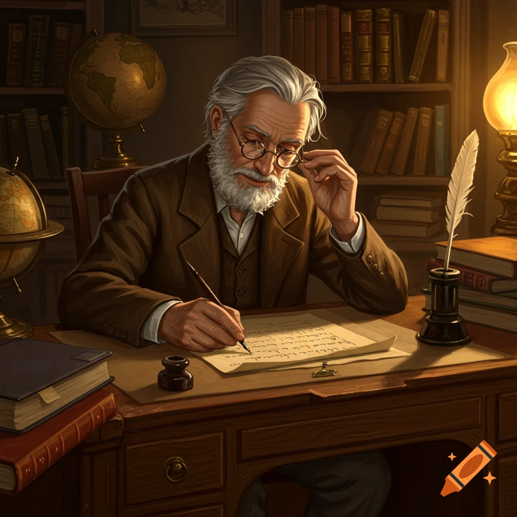 An older gentleman with a beard and glasses sits at a wooden desk in a dimly lit study, writing on paper with a quill.