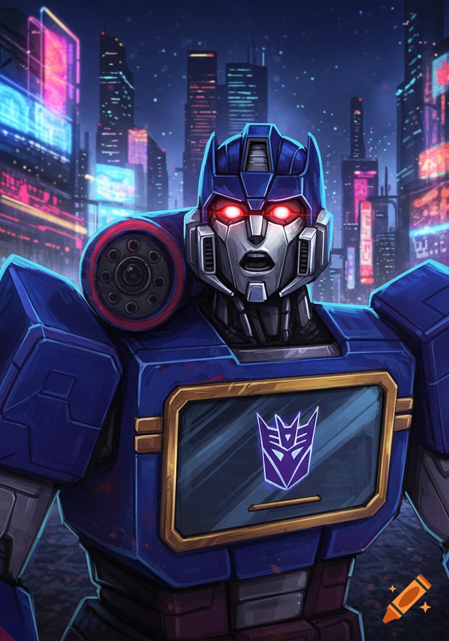 Soundwave, a blue and gray robot with red glowing eyes, looks shocked in a neon-lit cyberpunk city at night.
