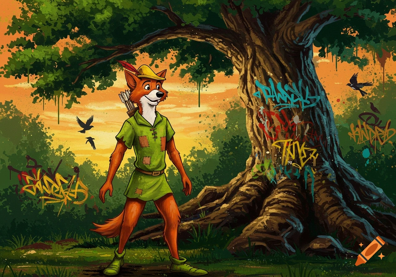 A stylized cartoon fox resembling Robin Hood, with a bow and arrows, stands in a vibrant forest at sunset, with colorful graffiti tags on a large tree trunk and surrounding bushes.